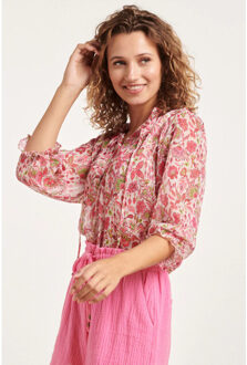 Smashed Lemon 24309 chiffon top met fuchsialime bloemenprint | Wit - XS
