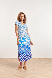 Smashed Lemon 24360 dames maxi witte jurk met blauw en wit ornamentaal Print / Multi - 4XL