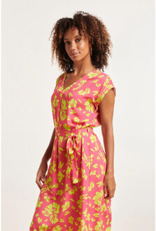 Smashed Lemon 24371 dames fuchsia jurk met allover lime bloemenprint | Groen - XXXL