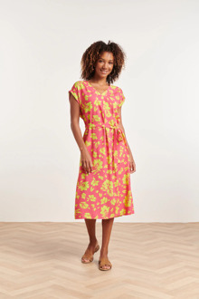 Smashed Lemon 24371 dames fuchsia jurk met allover lime bloemenprint Print / Multi