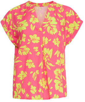 Smashed Lemon 24372 dames fuchsia top met allover lime bloemenprint | Groen - 4XL