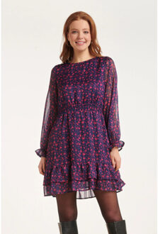 Smashed Lemon 24540 korte jurk met fuchsia bloemenprint | Blauw - XXXL