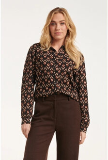 Smashed Lemon 24546 e stretchy blouse met bladerprint | Zwart - XS