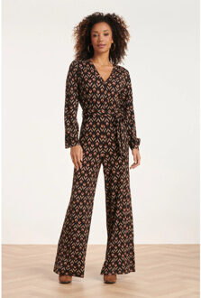 Smashed Lemon 24547 e stretchy jumpsuit met bladerprint | Zwart