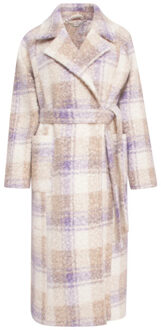 Smashed Lemon 24556 lange lila geruite jas met grote revers | Beige - XS