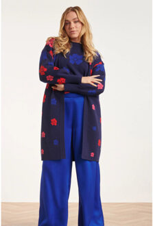 Smashed Lemon 24600 gebreide lange cardigan met bloemenprint | Blauw