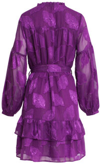 Smashed Lemon 24697 paarse chiffon jacquard v-hals jurk met bladmotief