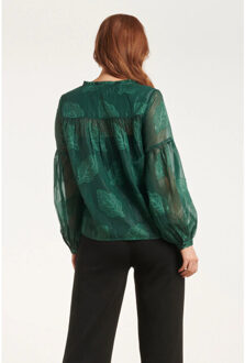 Smashed Lemon 24698 chiffon jacquard v-hals top met bladmotief | Groen - XXL