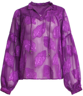 Smashed Lemon 24698 paarse chiffon jacquard v-hals top met bladmotief - XS