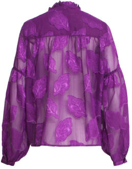 Smashed Lemon 24698 paarse chiffon jacquard v-hals top met bladmotief - XXL