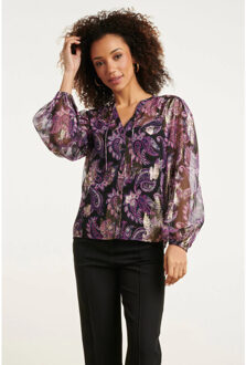 Smashed Lemon 24801 paarse paisley blouse met en jacquard | Zwart