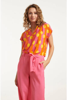 Smashed Lemon 25001 v-hals korte mouw top met citroenstrepen print | Veelkleurig - XS