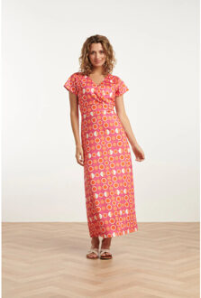 Smashed Lemon 25026 maxi jurk met v-hals met fruitprint | Roze - S
