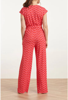 Smashed Lemon 25039 v-vormige jumpsuit met overlappende halslijnschelpprint | Rood - XXL