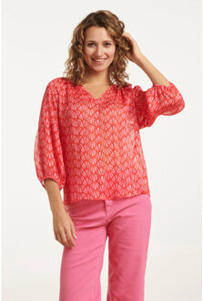 Smashed Lemon 25051 elegante chiffon top met schelpprint | Rood - XL