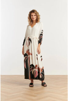 Smashed Lemon 25057 off white flowy maxi jurk met mauve palm print | Beige