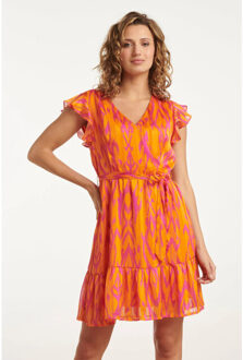 Smashed Lemon 25075 orange aztec print chiffon frilly jurk | Oranje - S