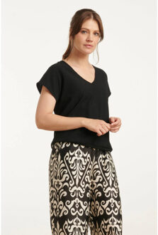 Smashed Lemon 25120 stretchy crinkle top met v-hals | Zwart