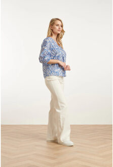 Smashed Lemon 25136 broderie anglaise top met v-hals en 3/4 mouwen – | Blauw - XXL