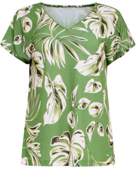 Smashed Lemon 25161 bladprint stretch top met v-hals | Bruin/groen - XL