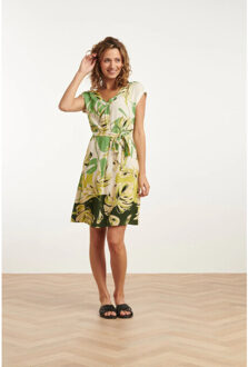 Smashed Lemon 25162 off white bladprint jurk met v-hals | Bruin/groen - XS