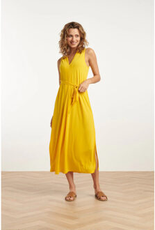 Smashed Lemon 25173 stretch midi jurk met v-hals | Geel - XL