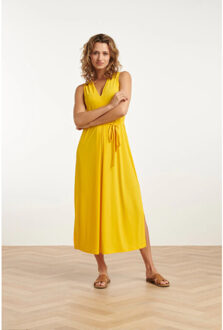 Smashed Lemon 25173 stretch midi jurk met v-hals | Geel - XS