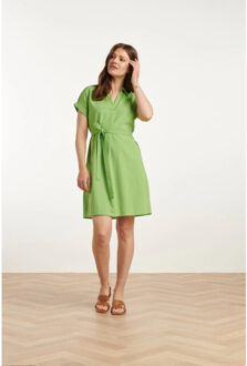 Smashed Lemon 25176 lime linnen jurk met kraag | Groen - XS