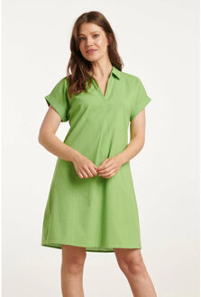Smashed Lemon 25176 lime linnen jurk met kraag | Groen - XXXL