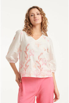 Smashed Lemon 25262 te top met bloemenborduurselsv-hals | Wit