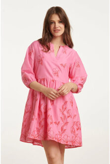 Smashed Lemon 25263 bloemen geborduurde korte jurk met v-hals | Roze - XXXL