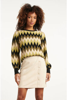 Smashed Lemon Army en zand zigzag gebreide dames top met ronde hals | Bruin/groen - XS