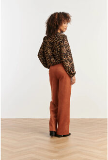 Smashed Lemon Chiffon blouse met cheetahprint en pofmouwen in camel en bruin | - XXL