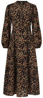 Smashed Lemon Chiffon dierenprint jurk met pofmouwen en v-hals in camel en bruin | - maat M