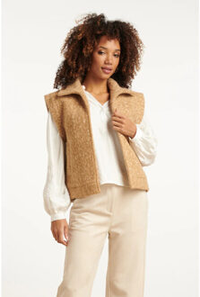 Smashed Lemon Damesbouclé gilet met kraag | Camel - S
