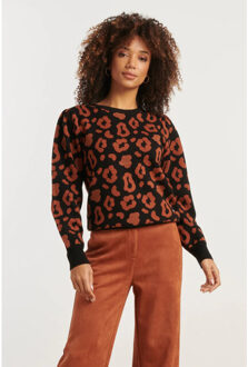 Smashed Lemon Gebreide dierenprint knit top zwart en cognac | - maat XXL