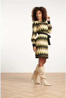 Smashed Lemon Gebreide zigzag jurk army en zand | - maat L Bruin/groen