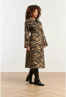 Smashed Lemon Lange bouclé jas met zebraprint in camel en zwart | - maat S