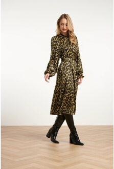 Smashed Lemon Midi shirtjurk met luipaardprint in army en zwart | - maat L Bruin/groen