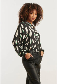 Smashed Lemon Ornament geprint blouse in zwart off white en groen details |