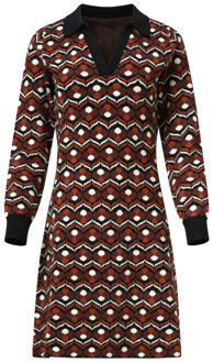 Smashed Lemon Retro gebreide jurk met bruin en zwart print | - maat L