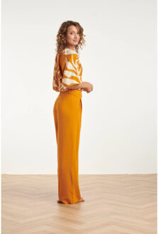 Smashed Lemon Tuniek top met blad print en strikdetail in oker geel | - XXXL