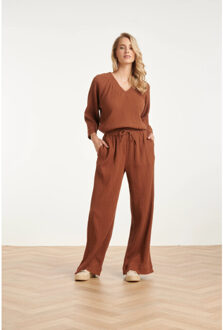 Smashed Lemon Wide leg mousseline broek met strikkoord | Bruin - XS