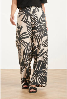 Smashed Lemon Wide leg pantalon met tropische blad print in zwart en ecru | Wit - S