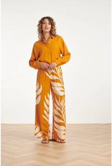 Smashed Lemon Wijde pantalon met botanische blad print oker geel | - XXXL