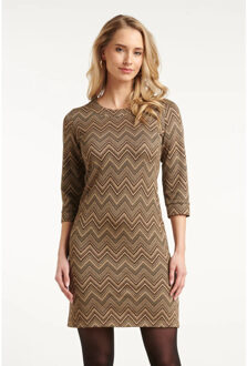 Smashed Lemon Zand en gouden getailleerde jurk met zigzagprint | - maat XXXL Beige