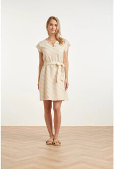 Smashed Lemon Zomerse jurk met taillelint en diagonale print | Beige