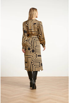 Smashed Lemon Zwart en goud grafische geprint midi jurk met kraag | - maat XS