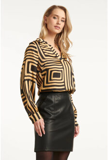 Smashed Lemon Zwart en goud grafische geprint top met kraag | - maat XXXL