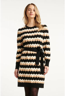 Smashed Lemon Zwart en zand gebreide zigzag jurk | - maat L